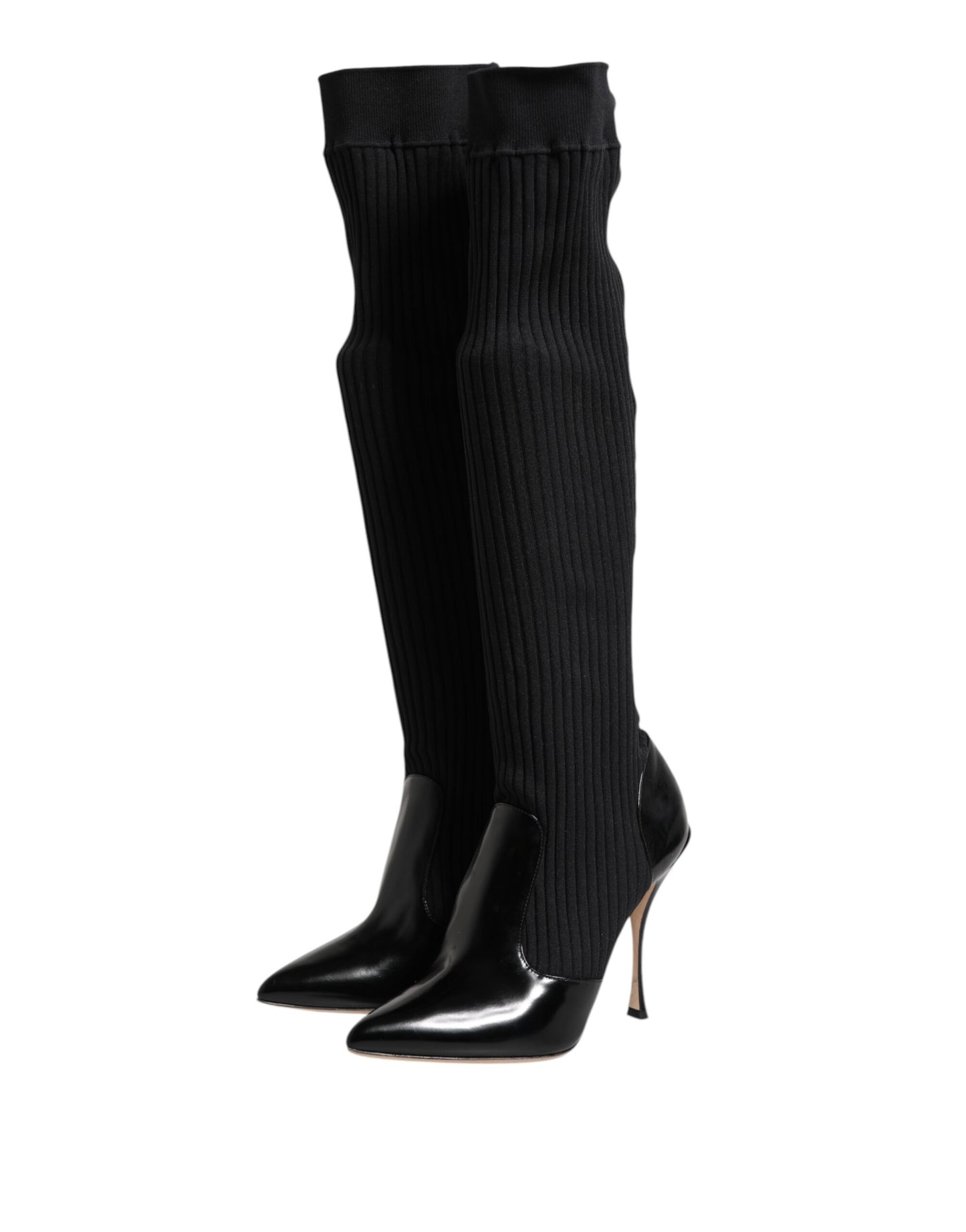 Dolce &amp; Gabbana Black Leather Ribbed Knit Knee Boots Shoes