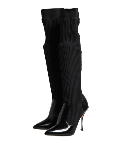 Dolce &amp; Gabbana Black Leather Ribbed Knit Knee Boots Shoes