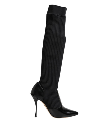 Dolce &amp; Gabbana Black Leather Ribbed Knit Knee Boots Shoes