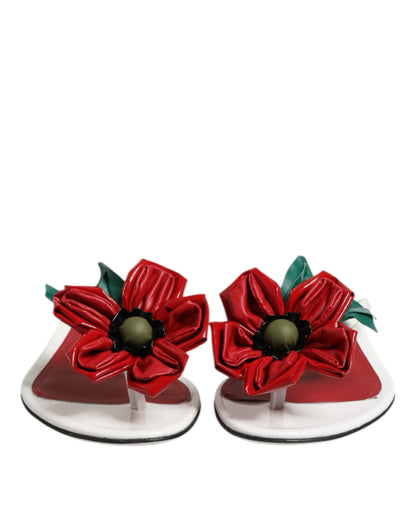 Dolce &amp; Gabbana Rot Weiß KEIRA Blumen Leder Sandalen Schuhe