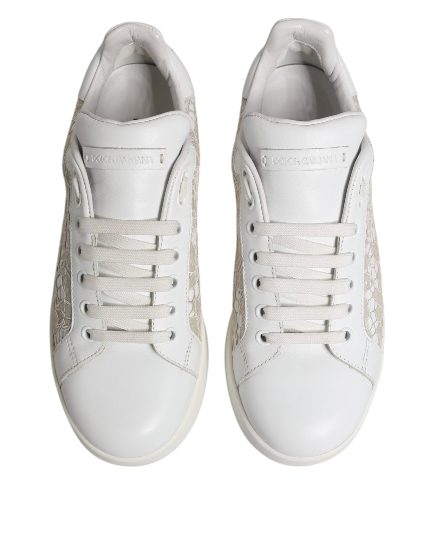Dolce &amp; Gabbana – Weiße Sneaker aus Spitze und Leder mit niedrigem Schaft