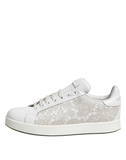 Dolce &amp; Gabbana – Weiße Sneaker aus Spitze und Leder mit niedrigem Schaft