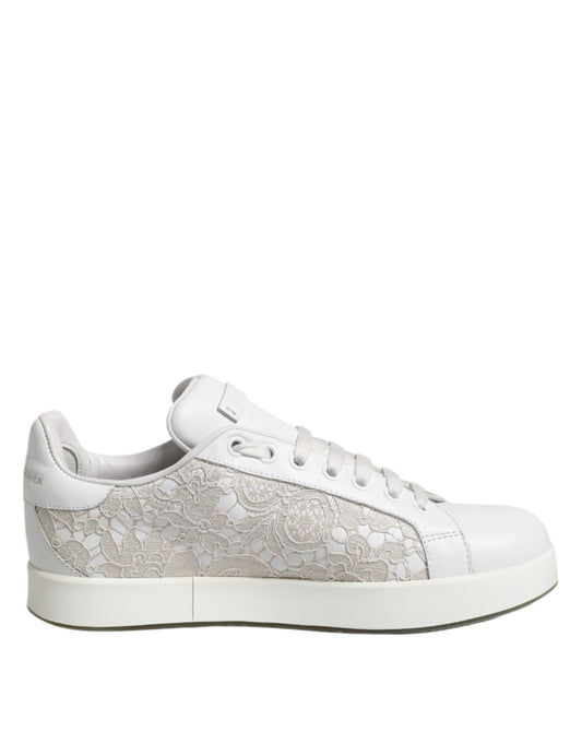 Dolce &amp; Gabbana – Weiße Sneaker aus Spitze und Leder mit niedrigem Schaft