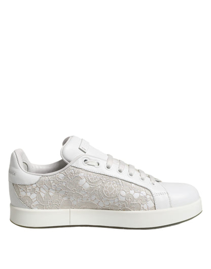Dolce &amp; Gabbana – Weiße Sneaker aus Spitze und Leder mit niedrigem Schaft