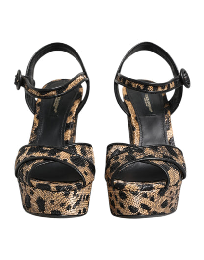 Dolce &amp; Gabbana Braune Sandalen mit Keilabsatz und Knöchelriemen in Leopardenmuster