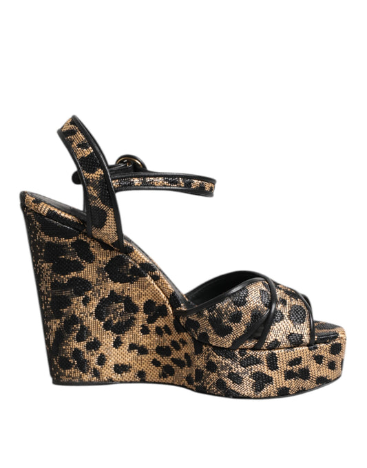 Dolce &amp; Gabbana Braune Sandalen mit Keilabsatz und Knöchelriemen in Leopardenmuster