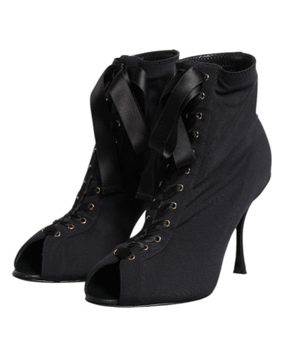 Dolce &amp; Gabbana Schwarze Stiletto-Absätze Schnürstiefel Schuhe
