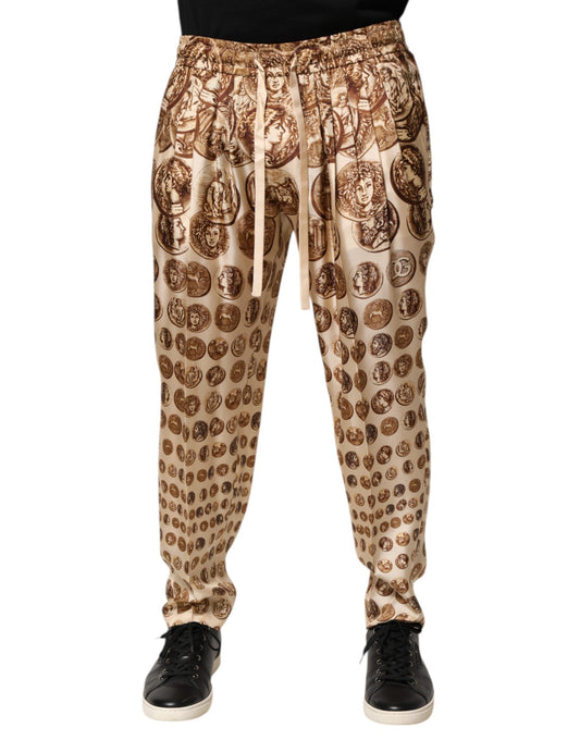 Dolce &amp; Gabbana Beige Jogginghose aus Seidentwill mit Münzdruck für Herren