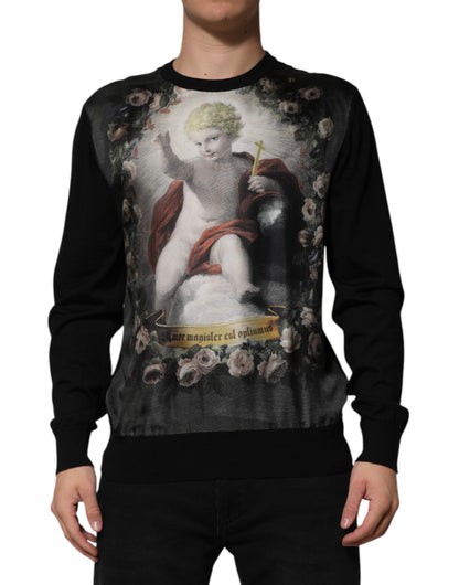 Dolce &amp; Gabbana Schwarzer Kaschmirpullover mit Cherub-Print im Barockstil