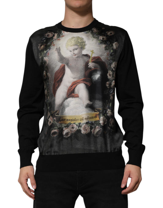 Dolce &amp; Gabbana Schwarzer Kaschmirpullover mit Cherub-Print im Barockstil