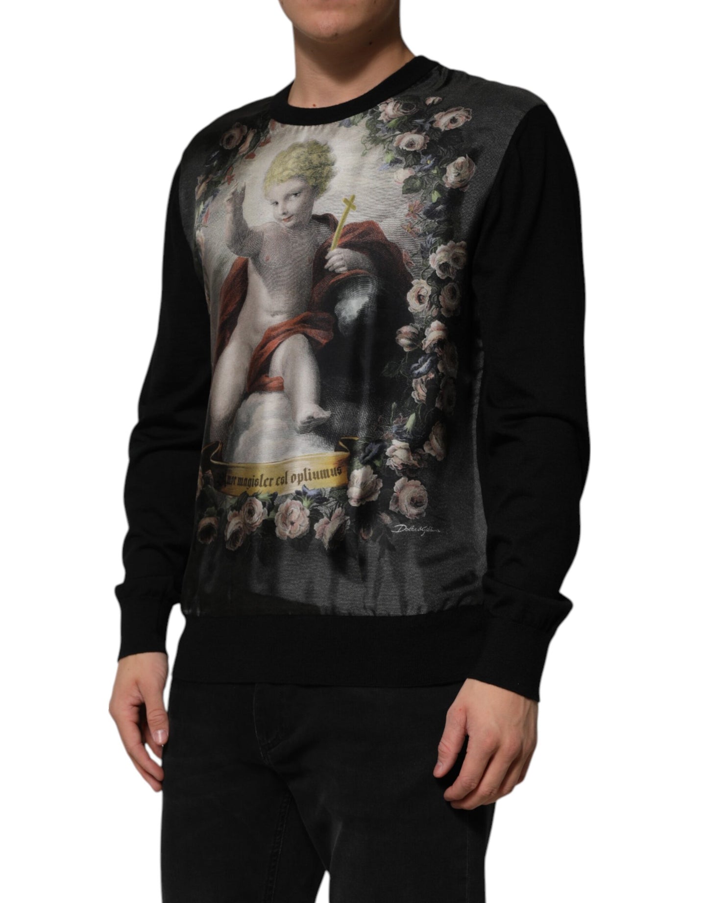 Dolce &amp; Gabbana Schwarzer Kaschmirpullover mit Cherub-Print im Barockstil