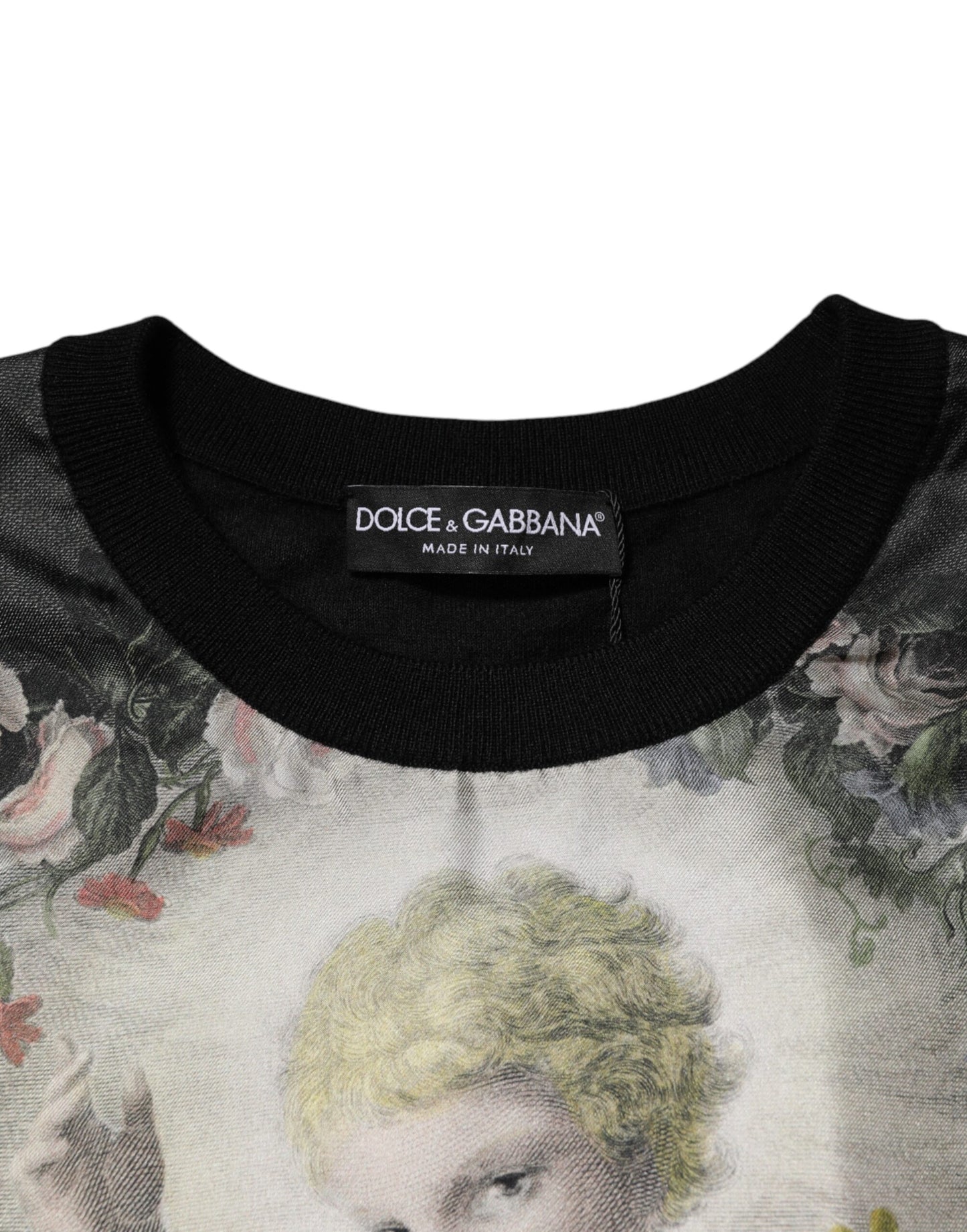 Dolce &amp; Gabbana Schwarzer Kaschmirpullover mit Cherub-Print im Barockstil