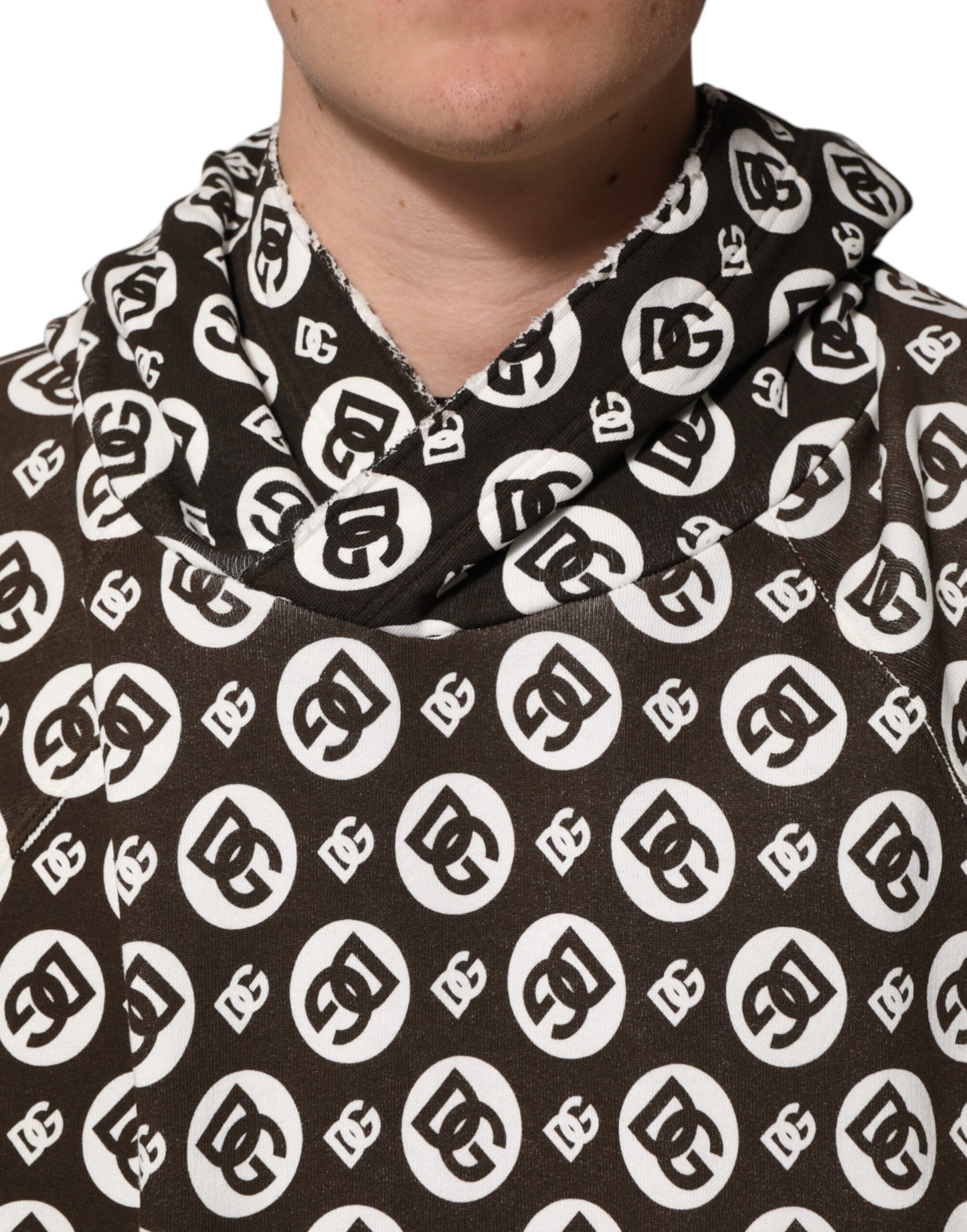 Dolce &amp; Gabbana Braun-weißer kurzer Kapuzenpullover mit DG-Logo