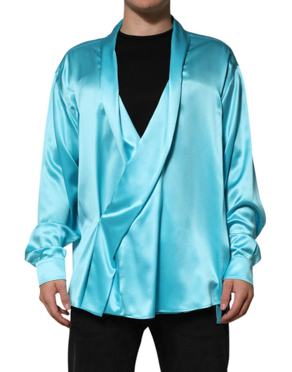 Dolce &amp; Gabbana, aquablauer, langärmliger Seidenpullover im Wickelstil