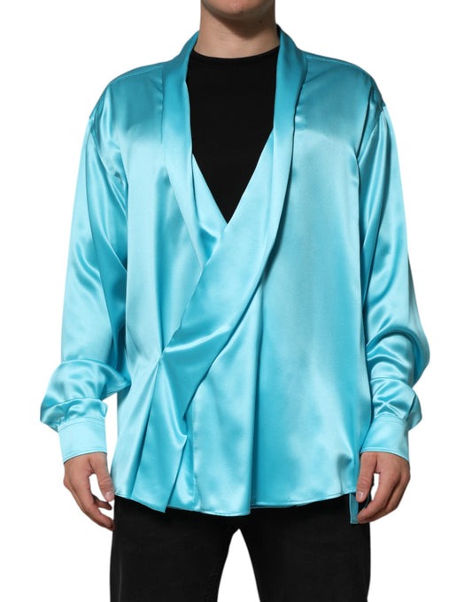 Dolce &amp; Gabbana, aquablauer, langärmliger Seidenpullover im Wickelstil