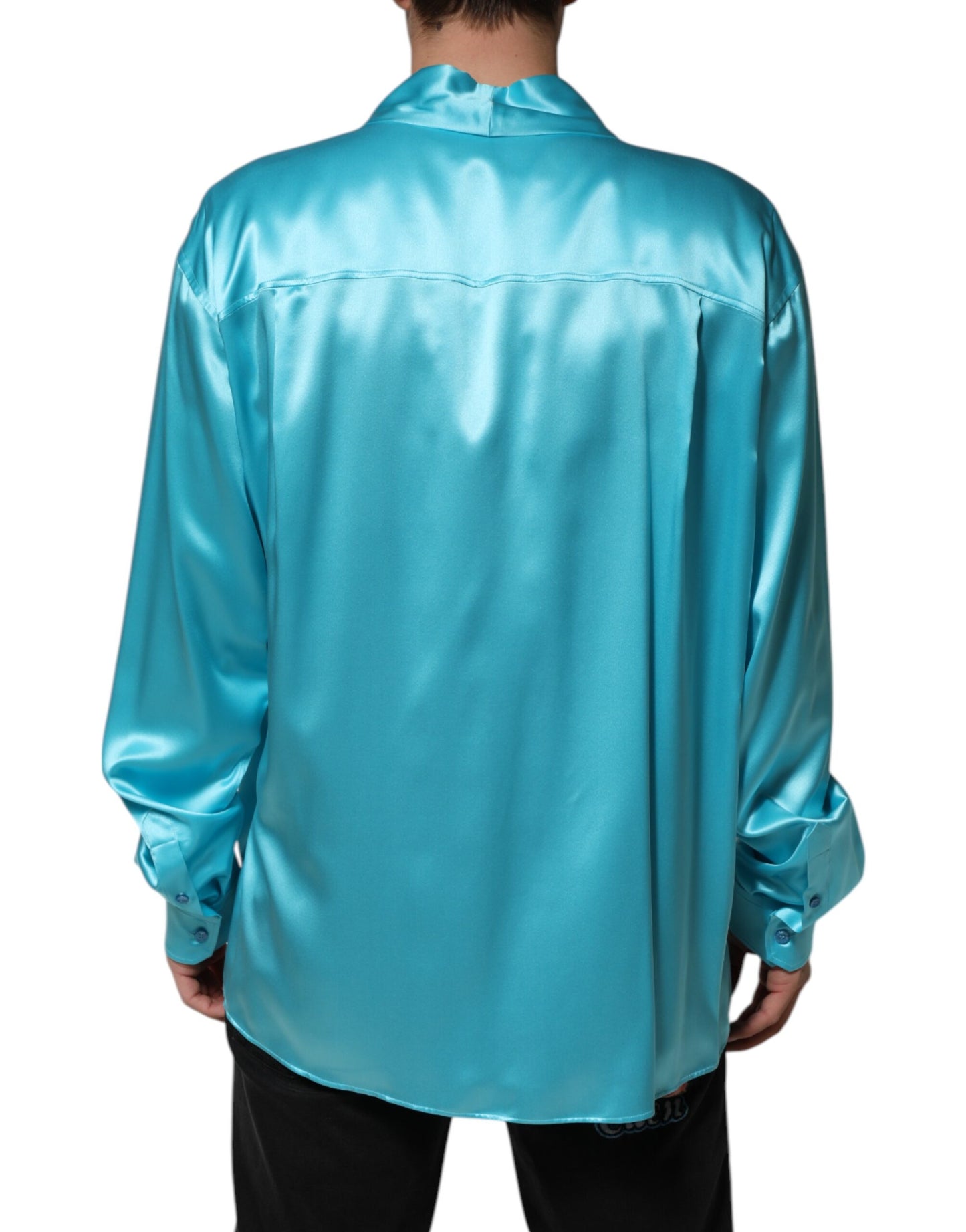 Dolce &amp; Gabbana, aquablauer, langärmliger Seidenpullover im Wickelstil