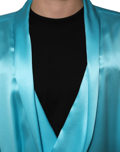 Dolce &amp; Gabbana, aquablauer, langärmliger Seidenpullover im Wickelstil
