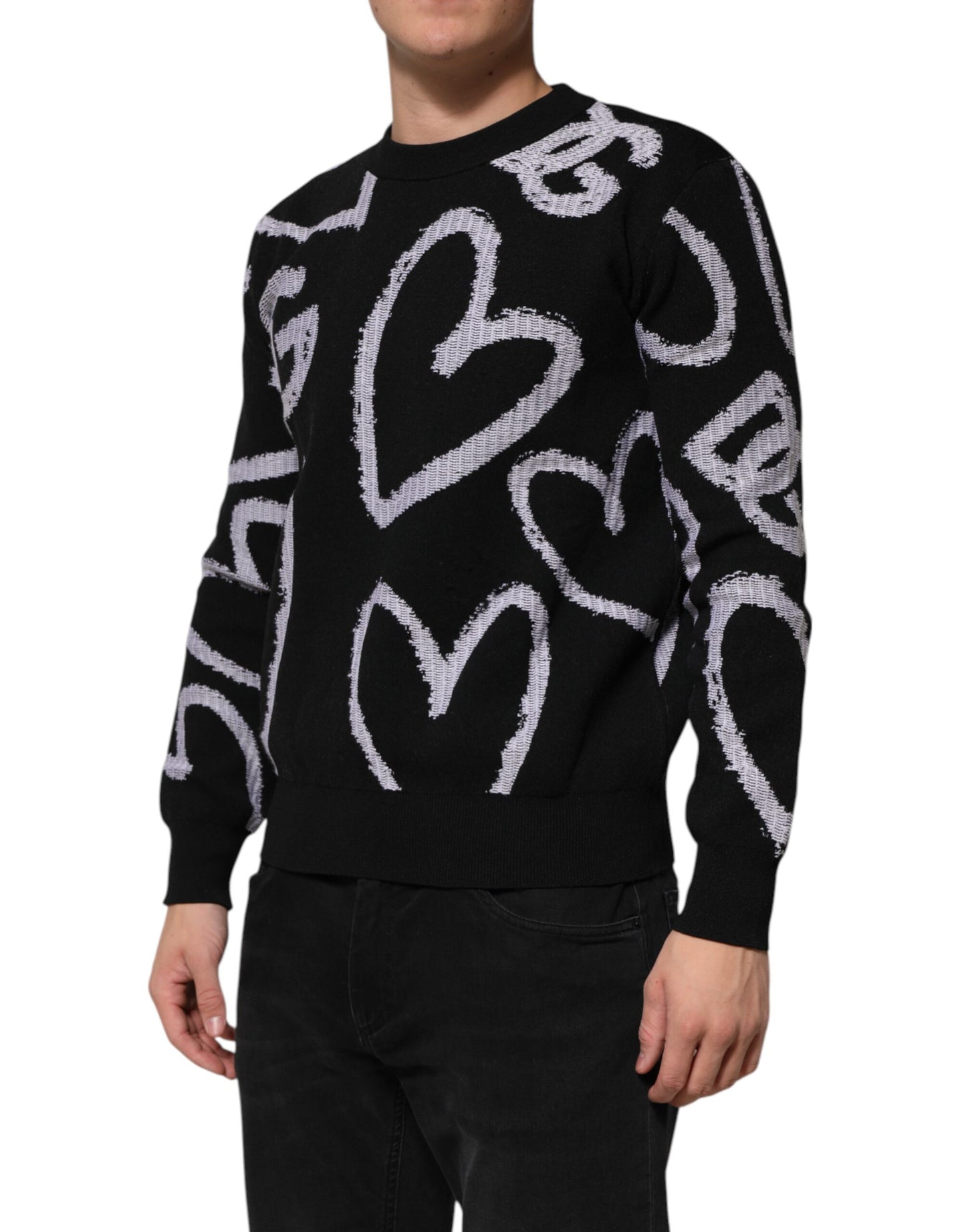 Dolce &amp; Gabbana Black Nylon Wool Heart Print Pullover Sweater