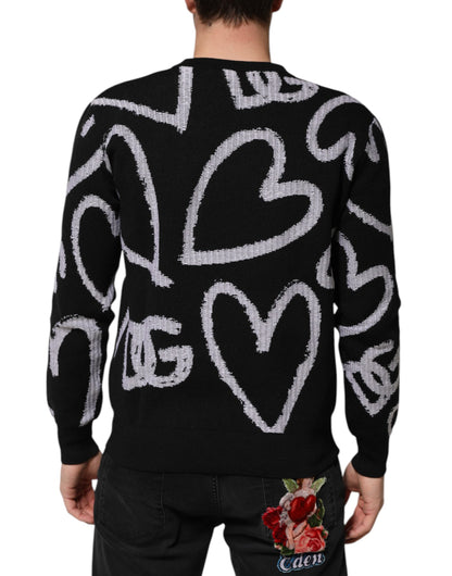 Dolce &amp; Gabbana Black Nylon Wool Heart Print Pullover Sweater