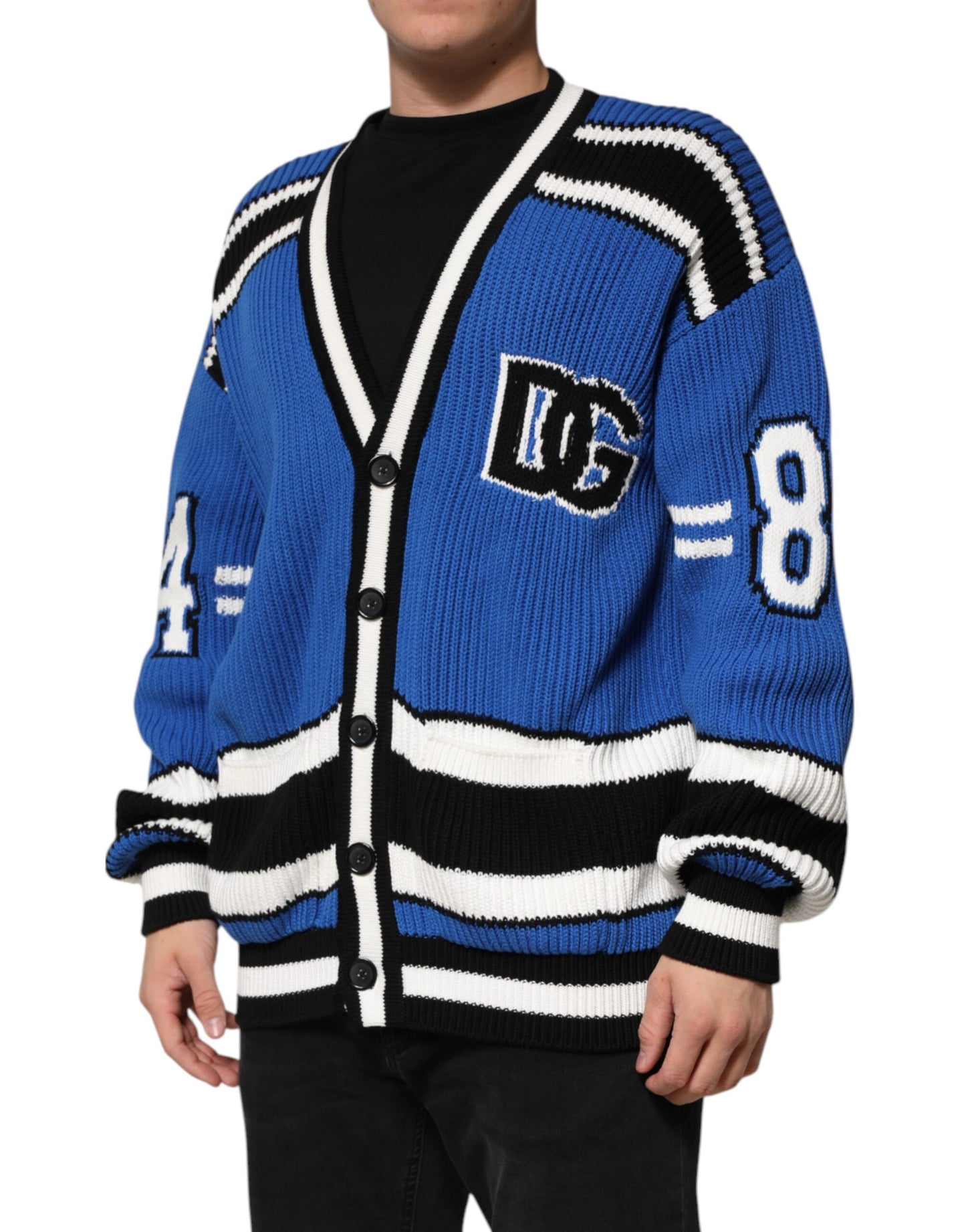 Dolce &amp; Gabbana Blue Cotton Logo Patch Ribbed Knit Cardigan Sweater
