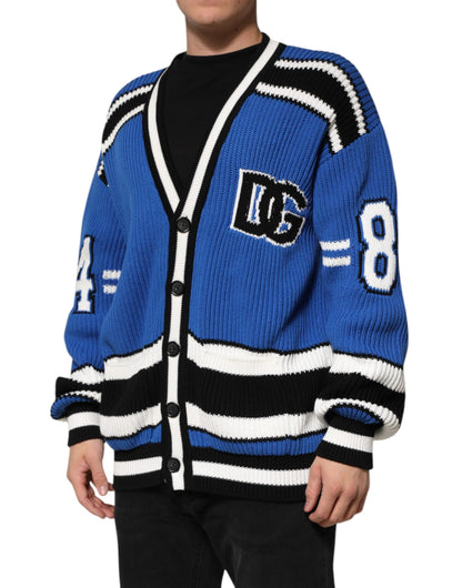 Dolce &amp; Gabbana Blue Cotton Logo Patch Ribbed Knit Cardigan Sweater