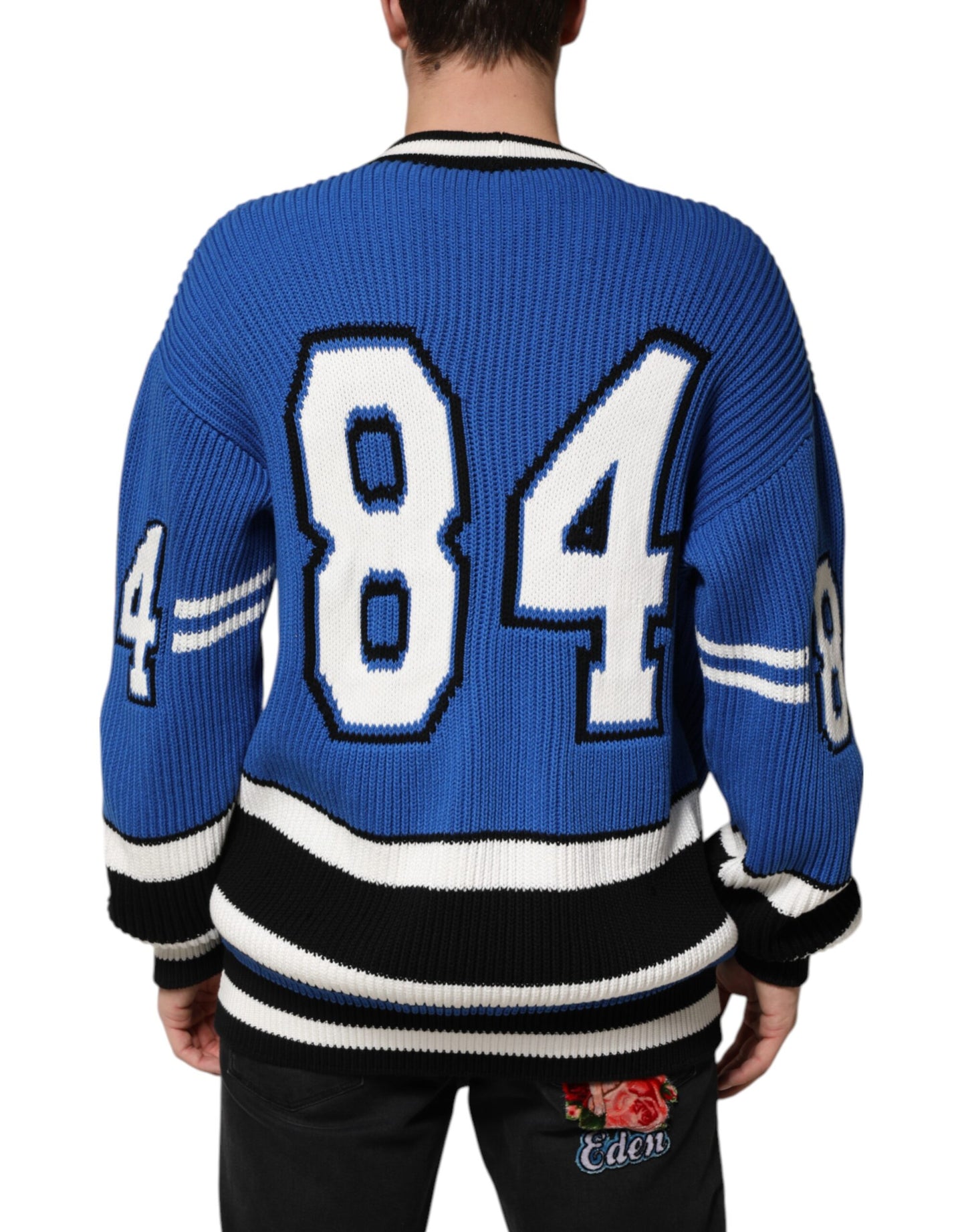 Dolce &amp; Gabbana Blue Cotton Logo Patch Ribbed Knit Cardigan Sweater