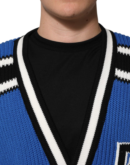 Dolce &amp; Gabbana Blue Cotton Logo Patch Ribbed Knit Cardigan Sweater