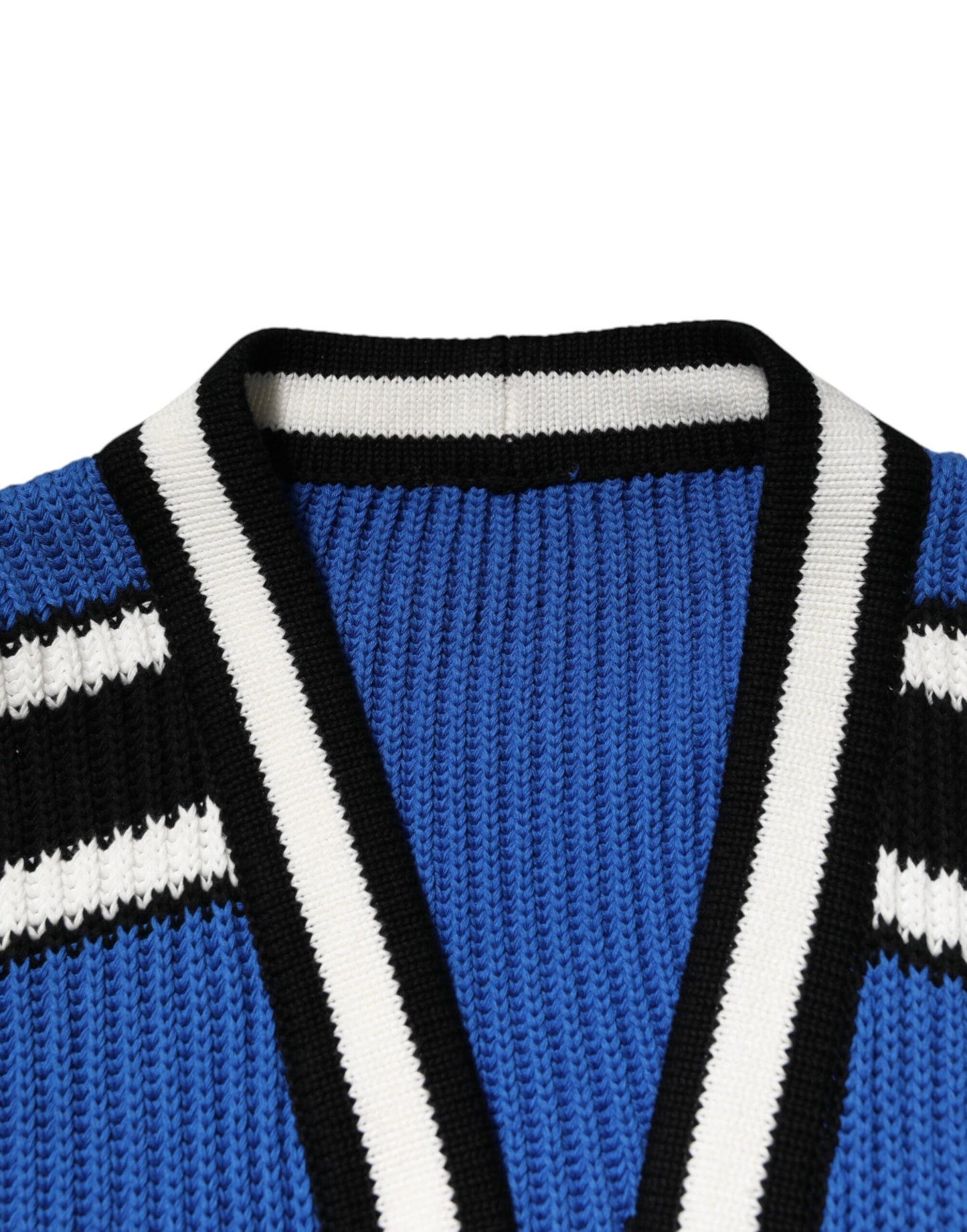 Dolce &amp; Gabbana Blue Cotton Logo Patch Ribbed Knit Cardigan Sweater