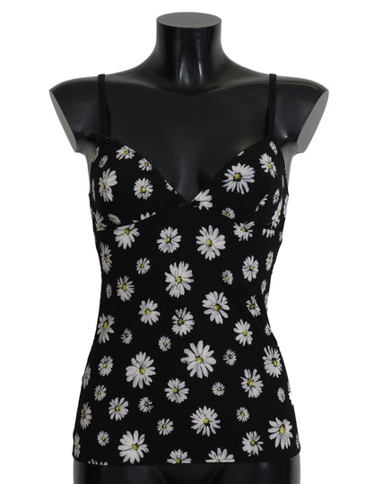 Dolce &amp; Gabbana Schwarzes Dessous-Chemisole-Kleid mit Gänseblümchen-Print