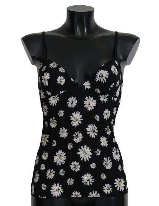 Dolce &amp; Gabbana Schwarzes Dessous-Chemisole-Kleid mit Gänseblümchen-Print