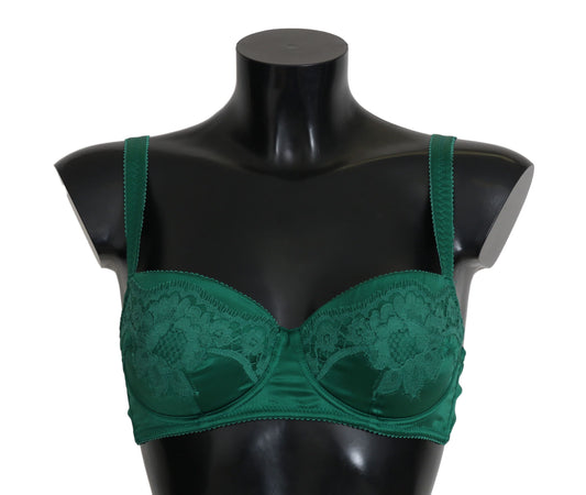 Dolce &amp; Gabbana Grüner Seiden-Stretch-BH mit floraler Spitze