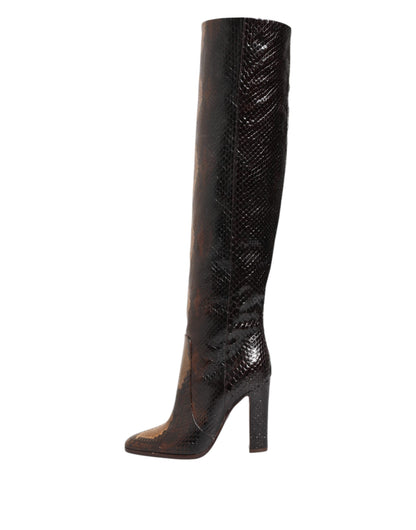 Dolce &amp; Gabbana Brown Python Snakeskin Print Riding Boots Shoes