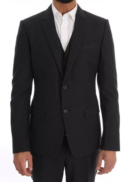 Dolce &amp; Gabbana – Grau gemusterter 3-teiliger Slim-Fit-Anzug aus Wolle