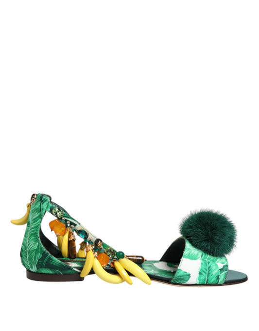 Dolce &amp; Gabbana Grüne Nerzpelz Satin Bananenblatt Sandalen Schuhe