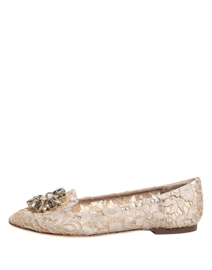 Dolce &amp; Gabbana – Taormina – Flache Schuhe mit Spitze und Kristallen in Elfenbein