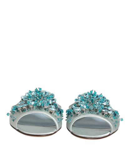 Dolce &amp; Gabbana – Silberblaue Slider aus Leder mit Perlenverzierung