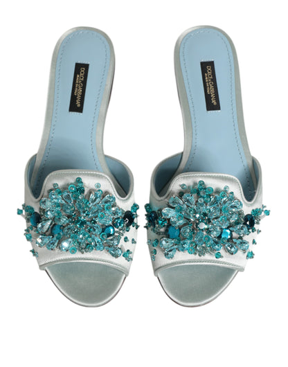 Dolce &amp; Gabbana – Silberblaue Slider aus Leder mit Perlenverzierung