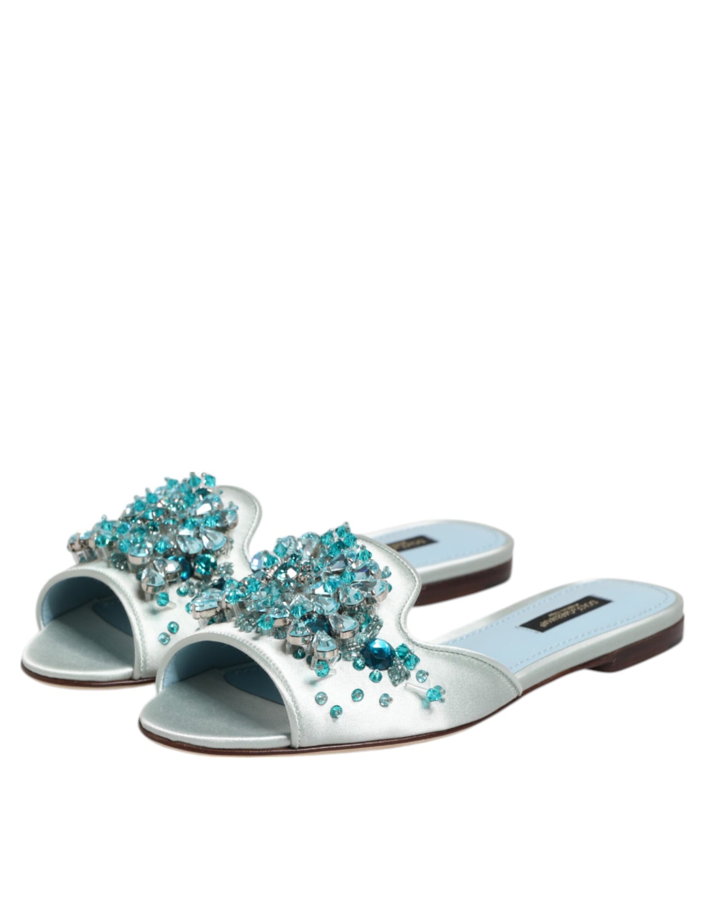 Dolce &amp; Gabbana – Silberblaue Slider aus Leder mit Perlenverzierung