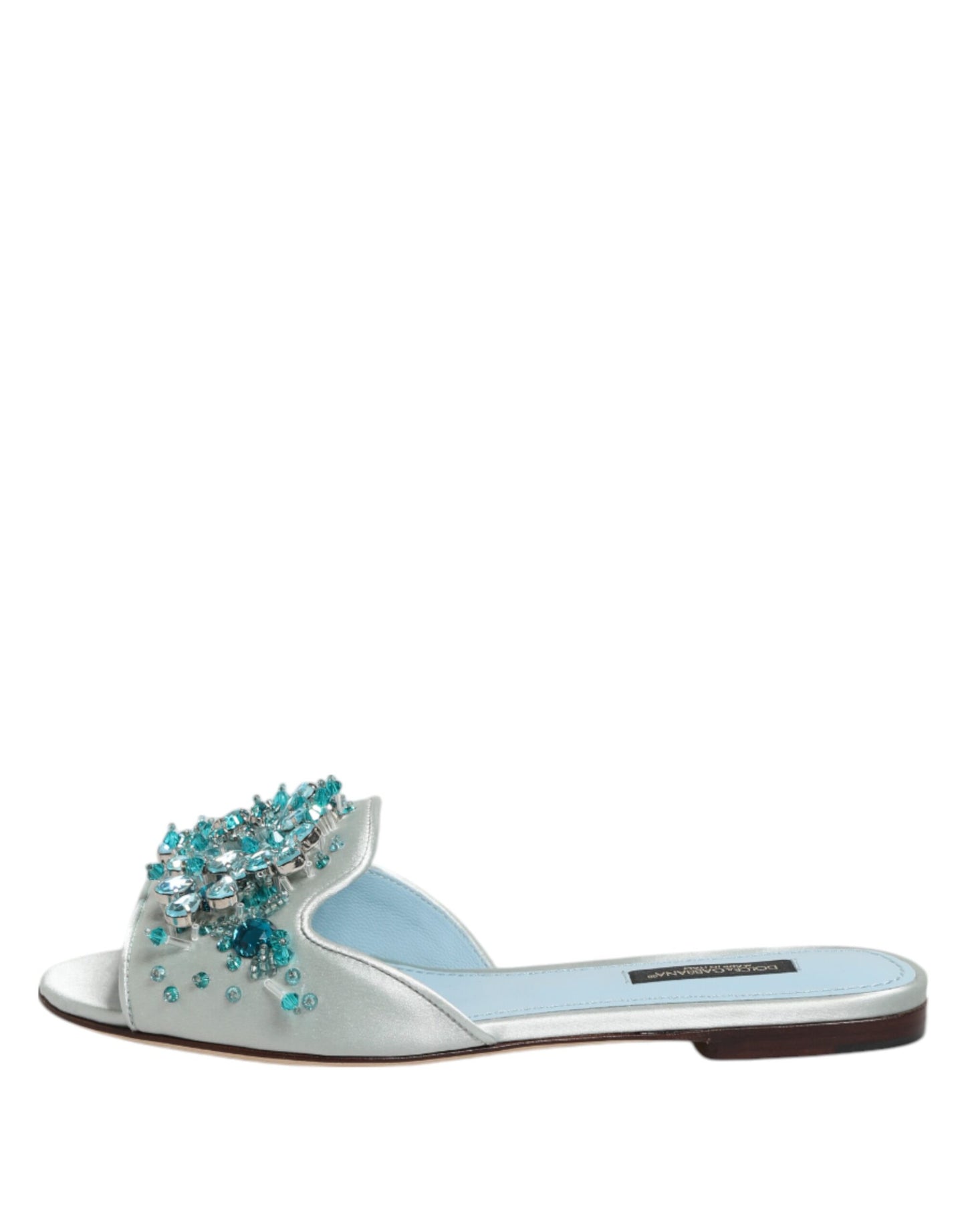 Dolce &amp; Gabbana – Silberblaue Slider aus Leder mit Perlenverzierung