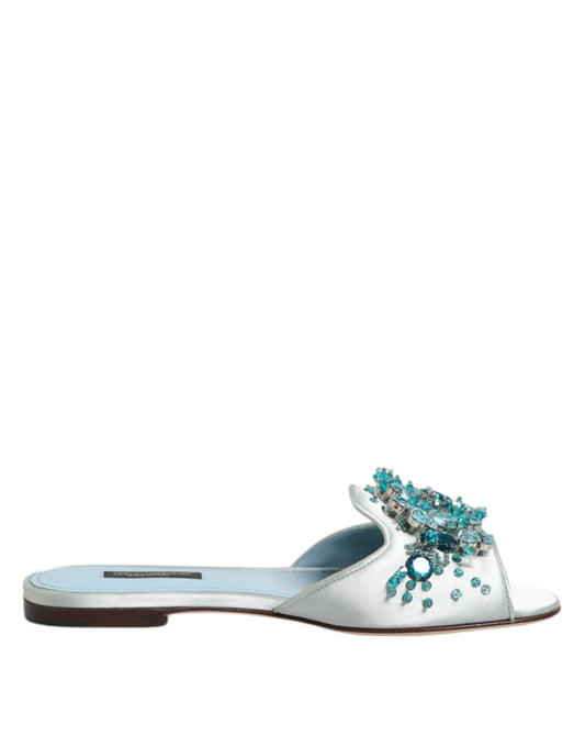 Dolce &amp; Gabbana – Silberblaue Slider aus Leder mit Perlenverzierung