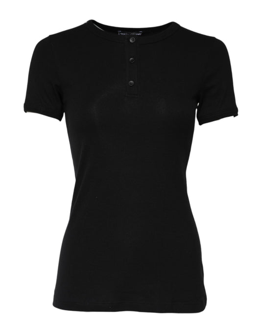 Dolce &amp; Gabbana – Schwarzes Henley-T-Shirt aus Baumwolle mit kurzen Ärmeln