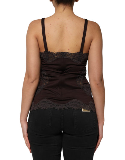 Dolce &amp; Gabbana – Ärmelloses Tanktop aus Wolle mit Spitzenbesatz in Dunkelbraun