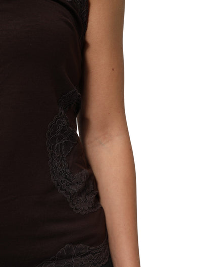 Dolce &amp; Gabbana – Ärmelloses Tanktop aus Wolle mit Spitzenbesatz in Dunkelbraun