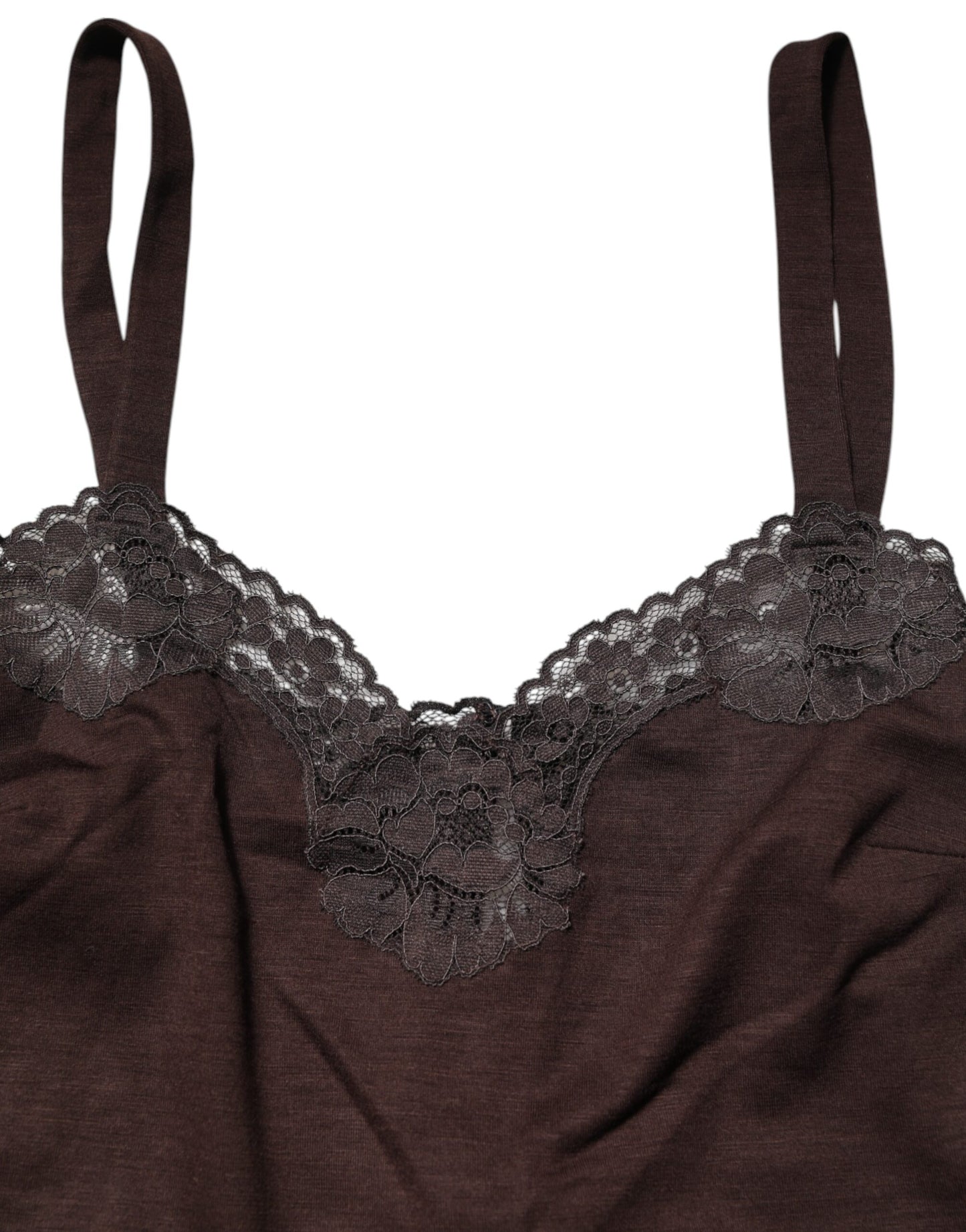 Dolce &amp; Gabbana – Ärmelloses Tanktop aus Wolle mit Spitzenbesatz in Dunkelbraun