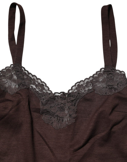 Dolce &amp; Gabbana – Ärmelloses Tanktop aus Wolle mit Spitzenbesatz in Dunkelbraun