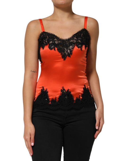 Dolce &amp; Gabbana Rot-Schwarzes ärmelloses Seiden-Tanktop mit Spitzenbesatz
