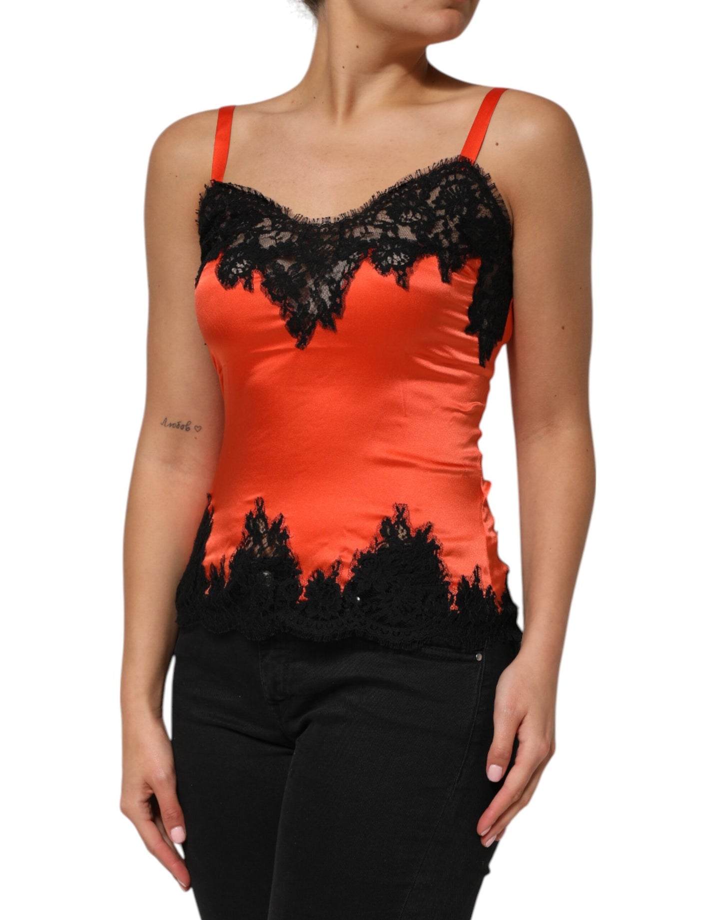 Dolce &amp; Gabbana Rot-Schwarzes ärmelloses Seiden-Tanktop mit Spitzenbesatz