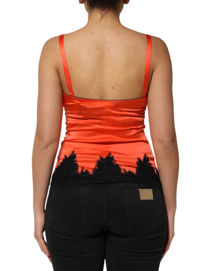 Dolce &amp; Gabbana Rot-Schwarzes ärmelloses Seiden-Tanktop mit Spitzenbesatz