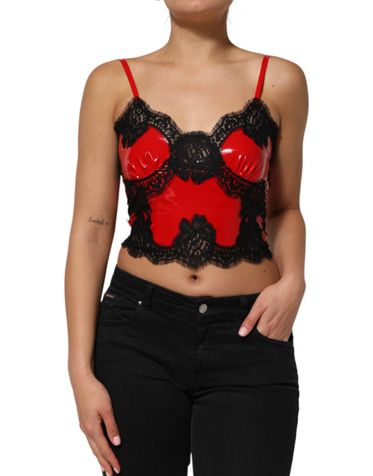 Dolce &amp; Gabbana Rot-Schwarzes ärmelloses Tanktop aus Polyester mit Spitzenbesatz