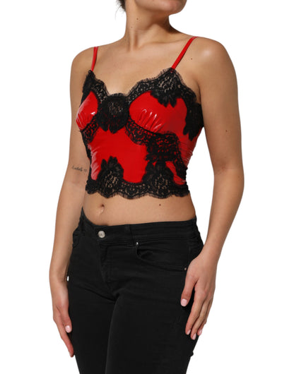 Dolce &amp; Gabbana Rot-Schwarzes ärmelloses Tanktop aus Polyester mit Spitzenbesatz